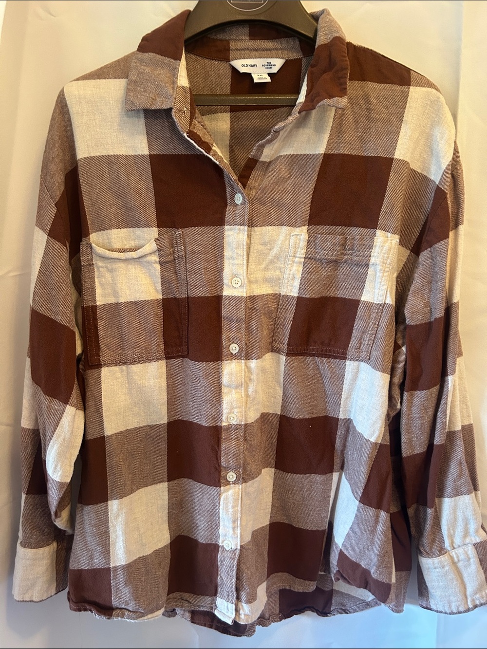 Old Navy Men's Brown and Cream Plaid Button-Down Shirt